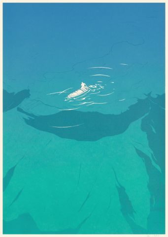 עבודה בעיצוב גרפי, ים בגווני כחול עם השתקפויות של לוויתן