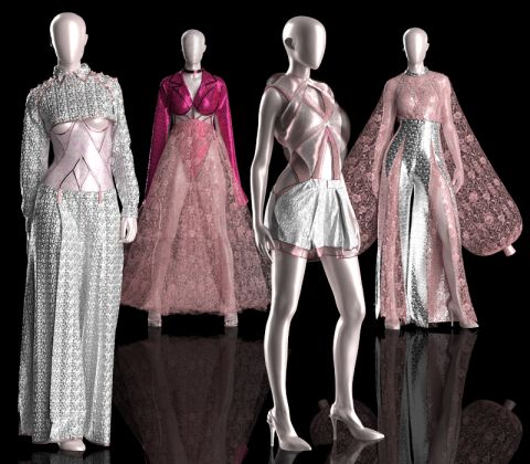 הדמיה של פרויקט הגמר של סתיו קמעו, בובות ראווה לבושות בביגוד בגוונים שונים של הצבע הוורוד