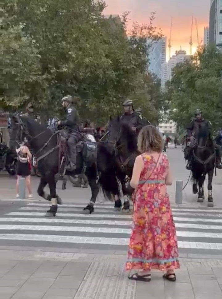 בחורה בשמלה ורודה עומדת מול שוטרים הרוכבים על סוסים