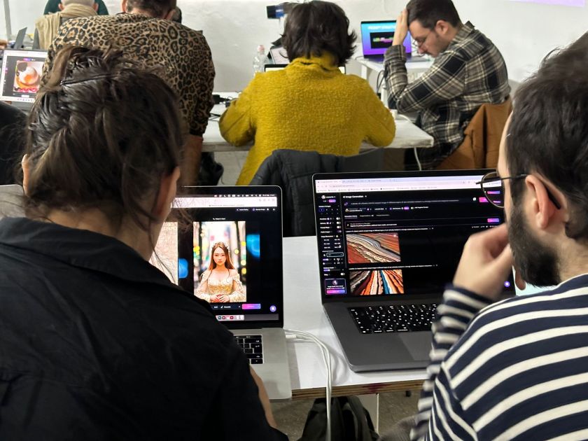אנשים יושבים מול מחשב ויוצרים דמויות בבינה מלאכותית