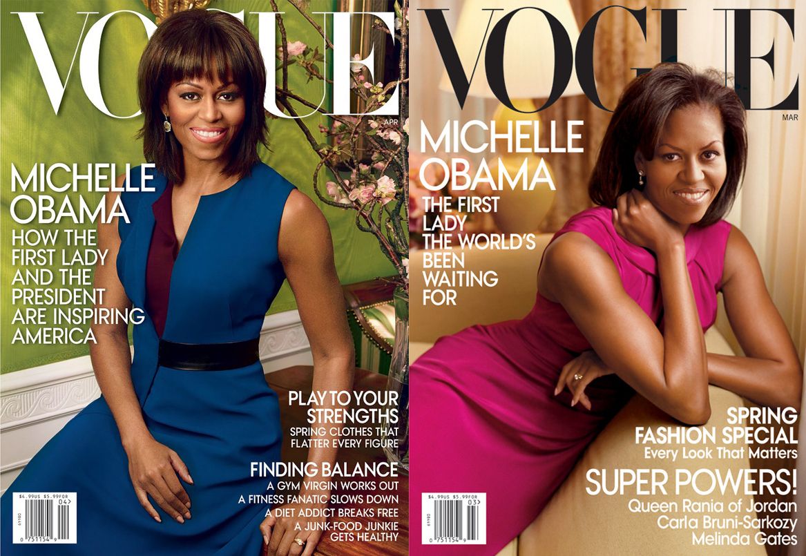 שניים מהשערים של מישל אובמה ב-״ווג״. ימין: מרץ 2009, שמאל״ אפריל 2013