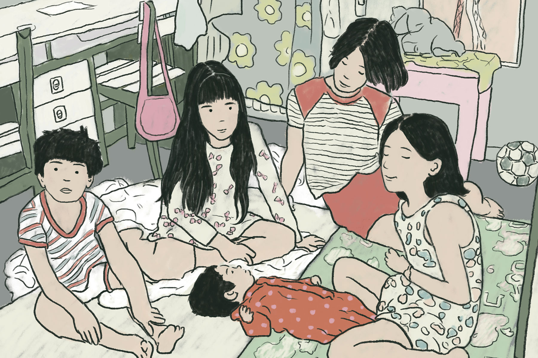 ארבעה ילדים על רצפת חדר ילדים, איור דיגיטלי