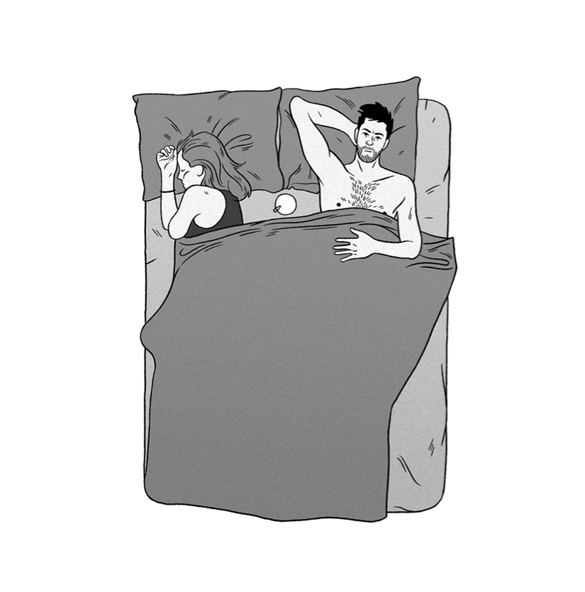 איור דיגיטלי של גבר ואשה שכובים במיטה