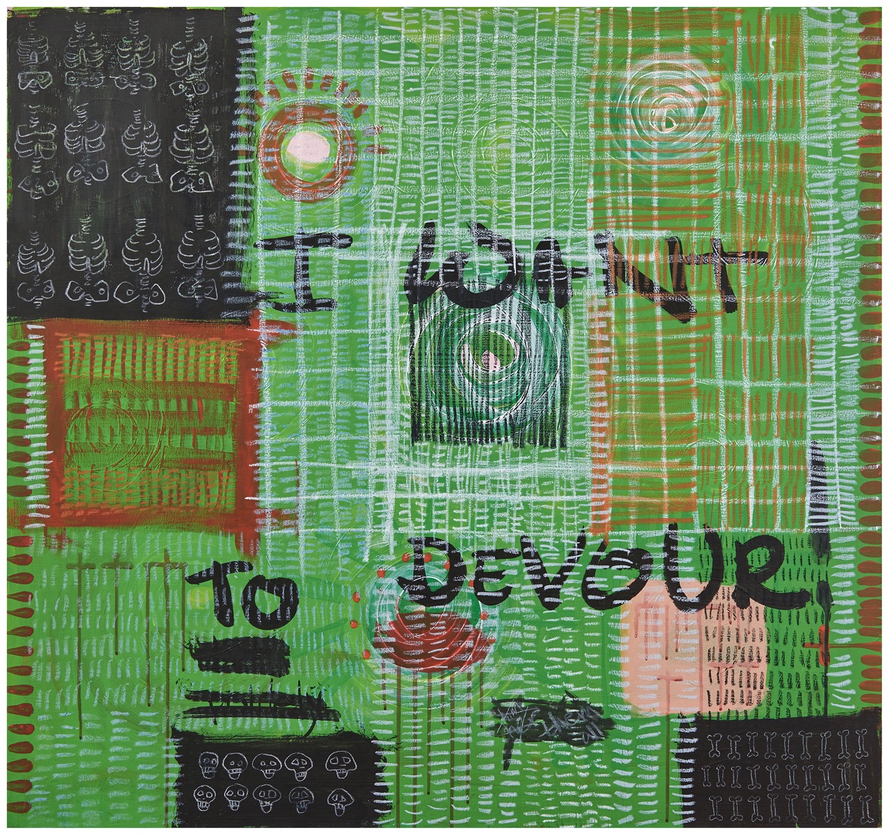 ציור בסגנון גרפיטי שבו כתוב: I WANT TO DEVOUR מריה מרפלד, ​​​​​​​2020