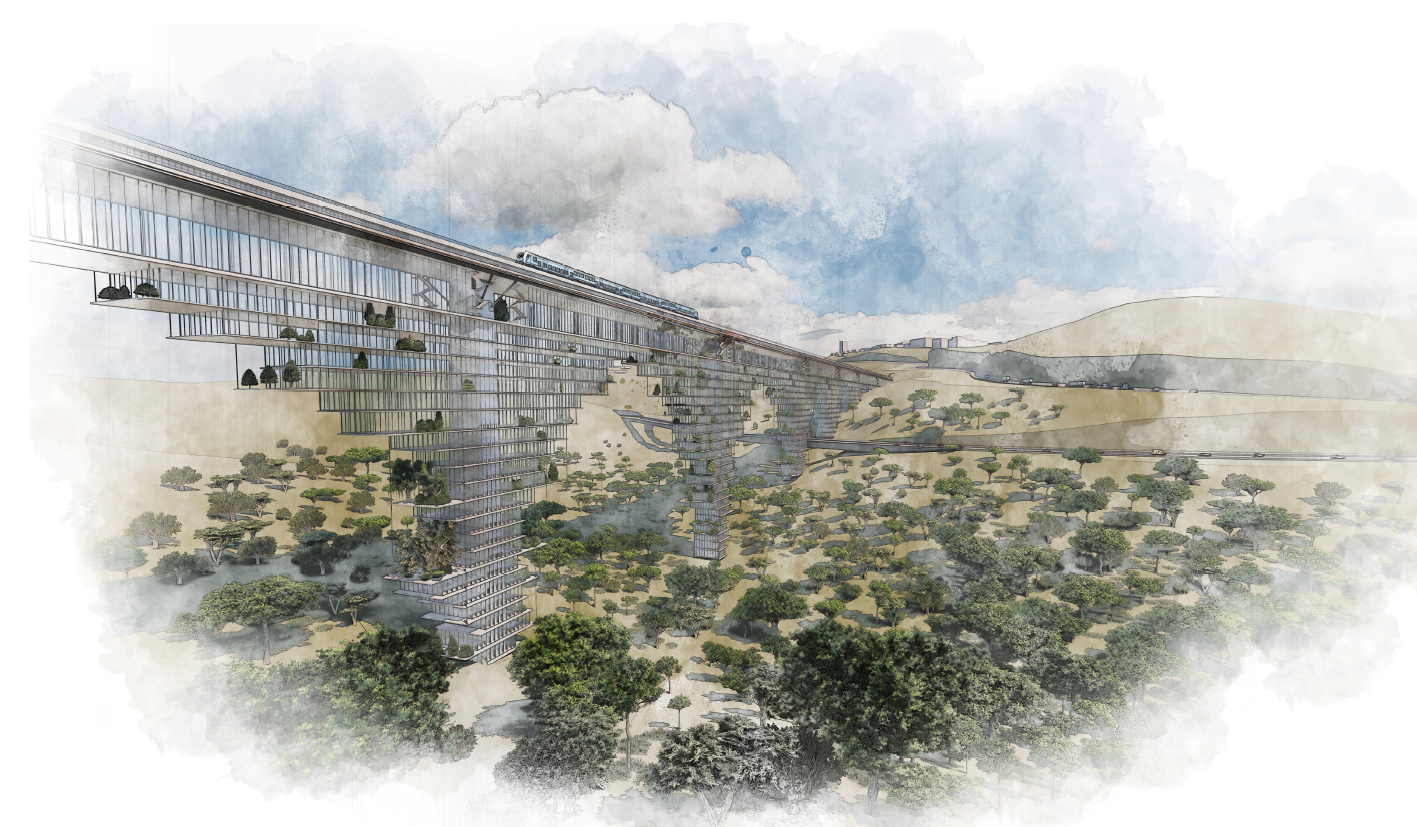הדמייה אדריכלית של הפרויקט The hanging towers, ניב שרון ובנימין שטראוס