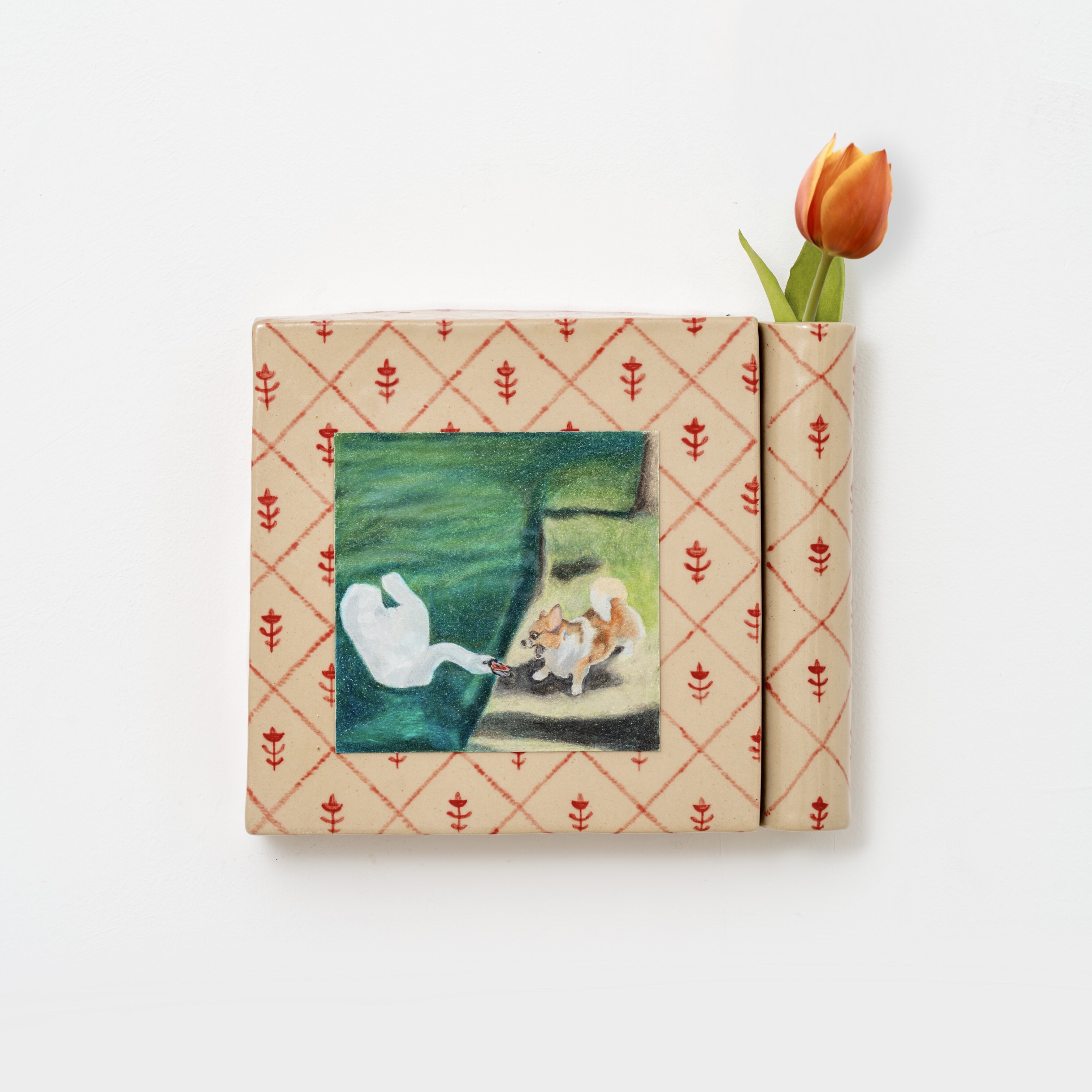 A cover with a dog and a swan