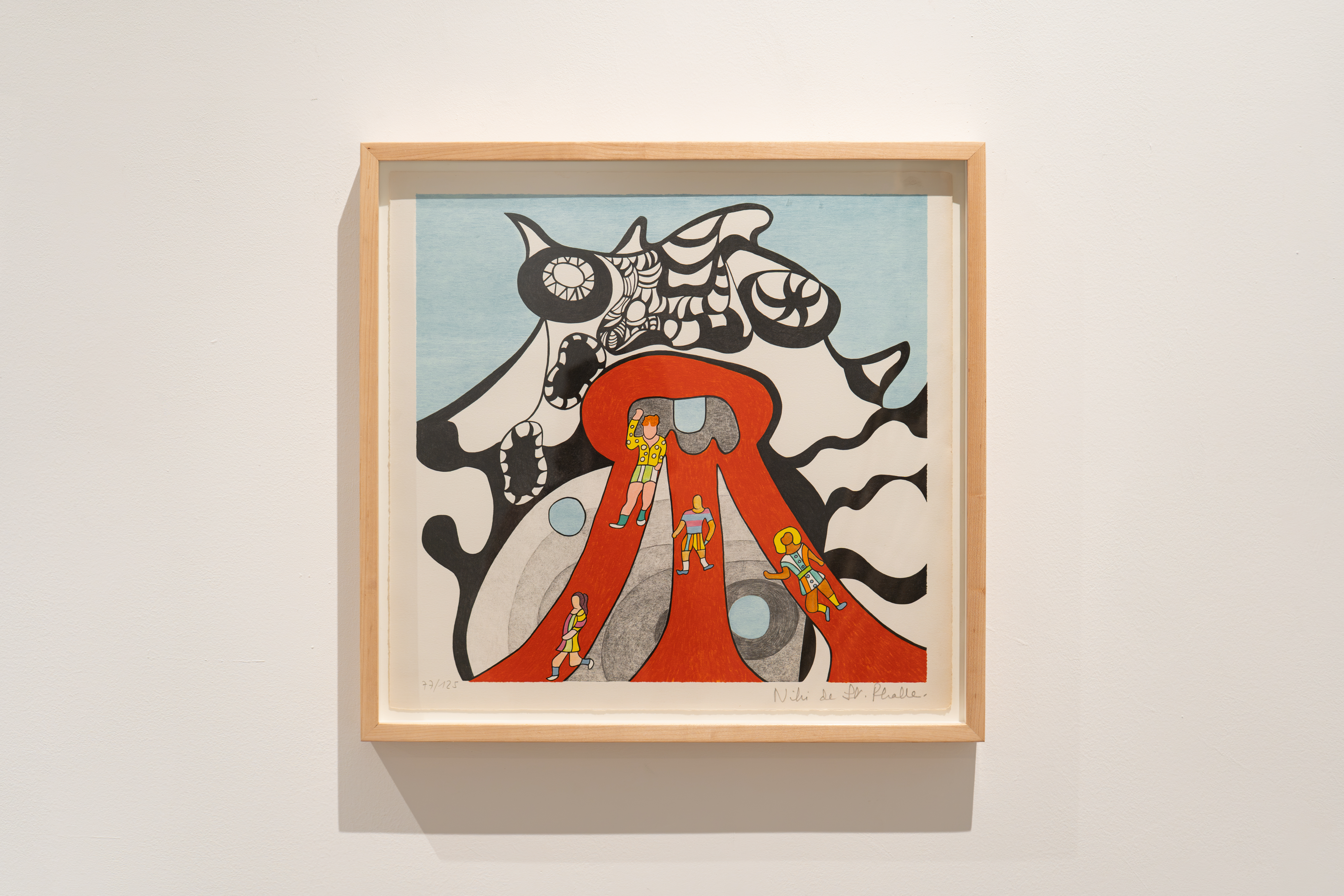 ניקי דה סן פאל, ׳Le Golem – Jerusalem, 1972׳, הדפס ליתוגרפי, 44 × 45.6 ס״מ, מתוך ׳עיֵפוּת הַחוֹמֶר׳, 2026 (צילום: הדס חי)