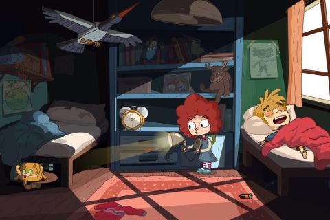 פריים מתוך משחק מחשב - ילד וילדה בחדר ילדים, הילד במיטה והילדה עומדת בחדר ואוחזת בפנס