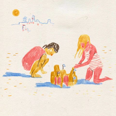 איור של אור סגל, ילדות משחקות בחול ובונות בתים עם דגלי ישראל