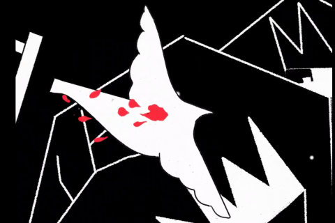 פריים מתוך הסרט הסיפור של שי-לי עטרי, יונה לבנה ועליה כתמי דם
