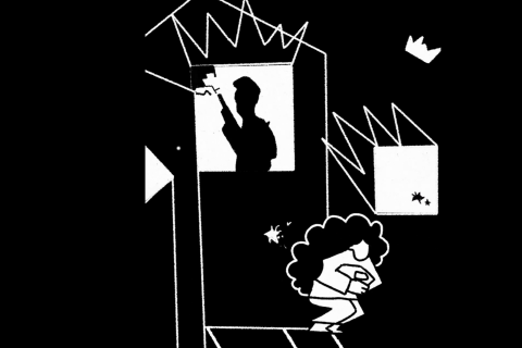 פריים מתוך הסרט הסיפור של שי-לי עטרי, שי-לי אוחזת בביתה התינקות, בחדר שבחלון דמות מחבל עם נשק