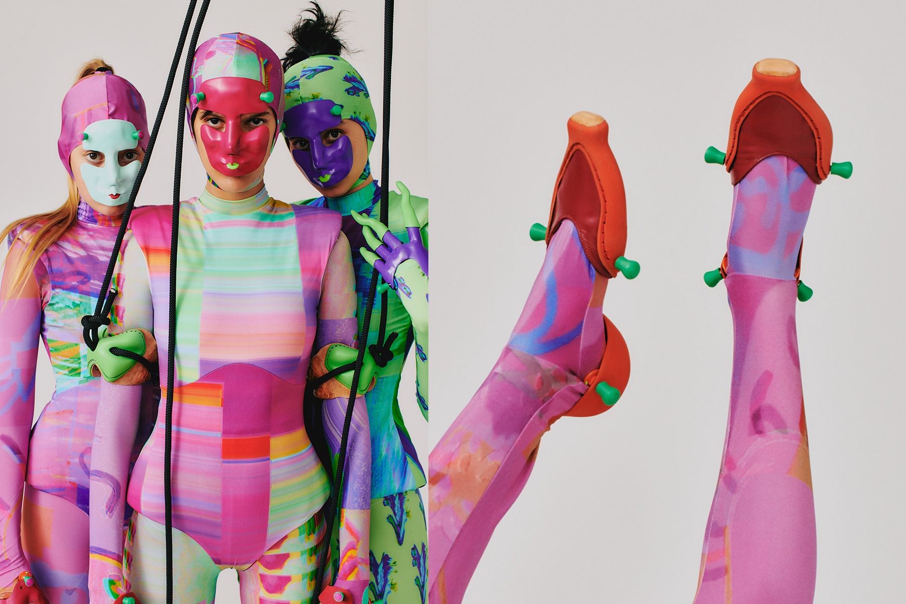 3 דוגמניות בלבוש צבעוני ומסכות, בובה אנושית, מאיה קפלן, פרויקט גמר, 2022