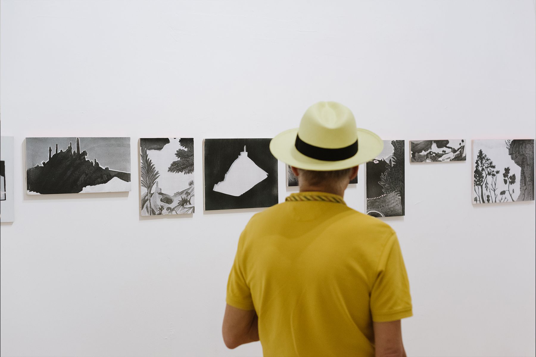 בן אדם בכובע, מתבונן ביצירות תלויה בתערוכה