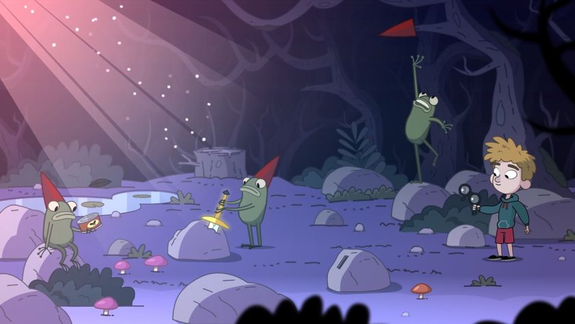 פריים מתוך משחק מחשב - ילד עומד בלילה ביער עם צפרדעים