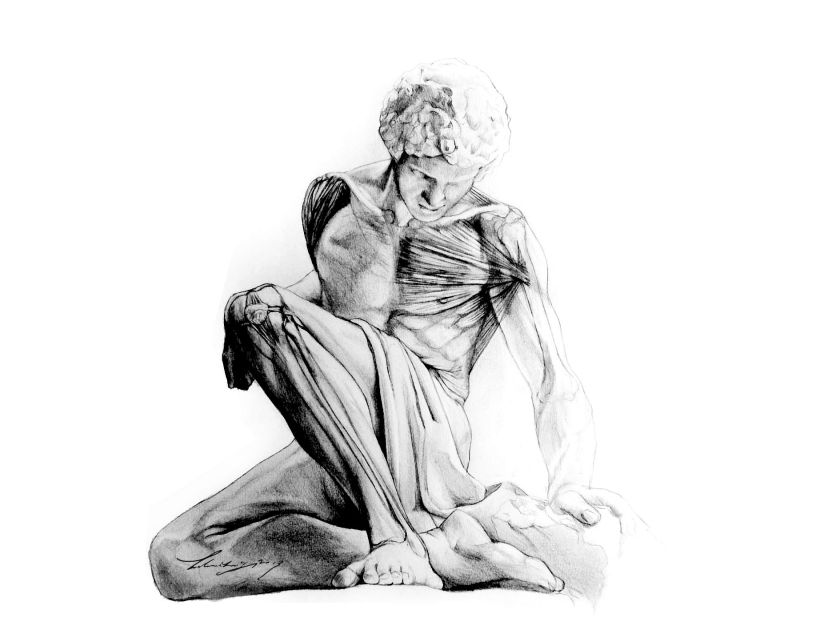 סקיצה של אדם או פסל של אדם יושב, עם גידים בולטים בחזה, ידיים וברגליים