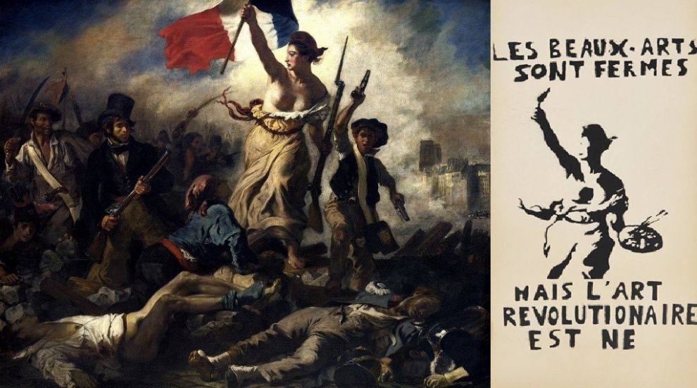 היצירה חירות מובילה את העם (La Liberté guidant le peuple) אג'ן דלקרואה, 1830 - אל מול הכרזה המדוברת