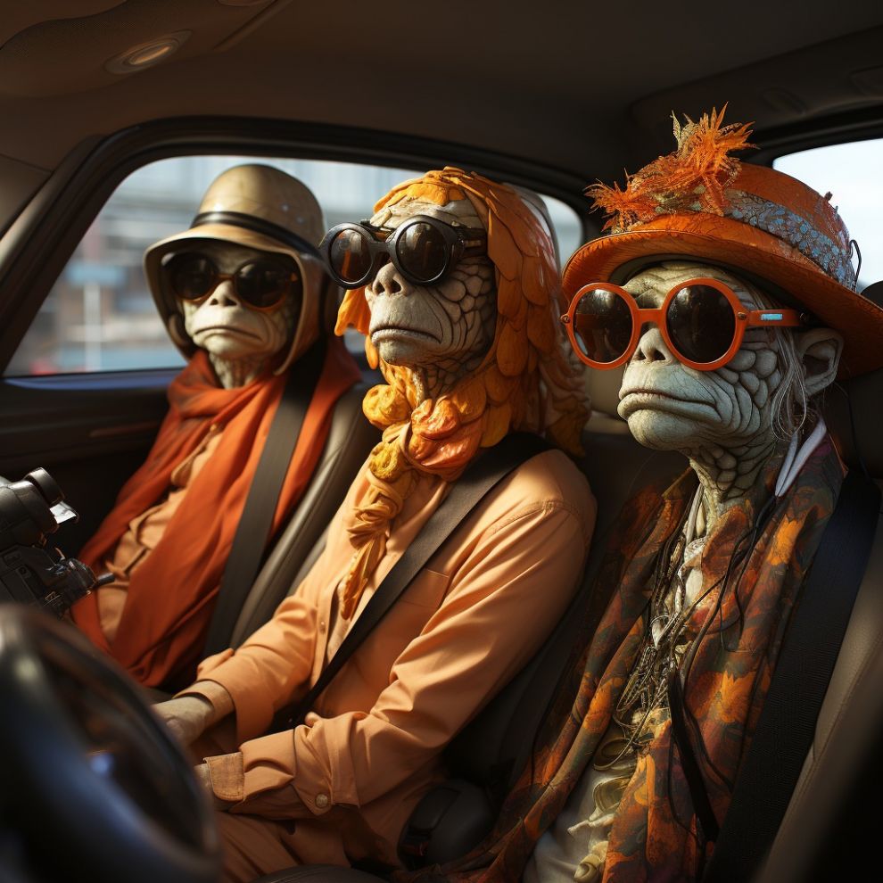 תמונה שנוצרה ע״י בינה מלאכותית, 3 חייזרים יושבות בתוך מכונית, חובשים כובעים, לבושים חלוקים כתומים ומרכיבים משקפי שמש