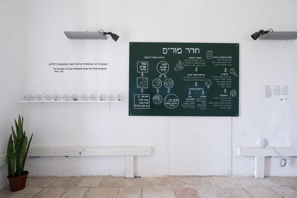 מתוך התערוכה של הבוגרת עינת פולון, לוח ירוק שעליו כתוב חדר מורים ורעיונות לפיתוח